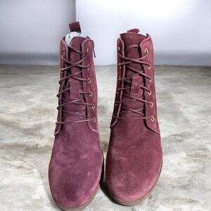 Diba Blake Suede Leather Booties Lace Up 3” Heel Burgundy Size 6.5